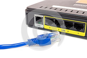 Close up LAN UTP RJ45 Cat5e In front of ADSL Router