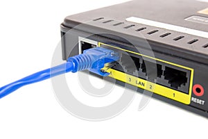 Close up LAN UTP RJ45 Cat5e In front of ADSL Router