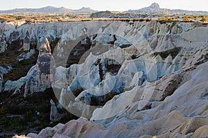 Close-up landscape view of typical geologic formations of Cappadocia. Amazing shaped sandstone rocks