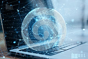 Close up of laptop with abstract globe sphere with coding and polygonal network. Future, technology and digital world concept.