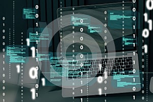 Close up of laptop computer with abstract coding binary code hologram. Artificial intelligence and development concept. Double