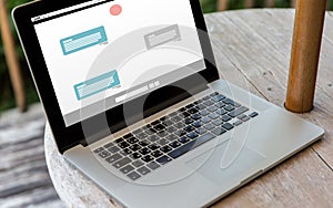 Close up of laptop computer on table at hotel