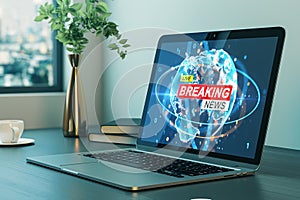 Close up of laptop on desk with different objects and creative polygonal breaking news and globe hologram. Television, online news