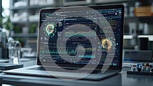 Close-up of a laptop displaying a complex scientific data analysis interface with glowing visualizations