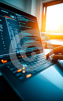A close-up of a laptop keyboard with code displayed on the screen, symbolizing programming and modern technology innovation