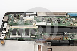 Close up of laptop memory 64 MB SDRAM 144 pin SO-DIMM 66 MHz in laptop motherboard