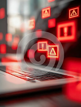 Close-up of a laptop with multiple system alert icons illuminated in red, indicating warning messages or critical notifications in