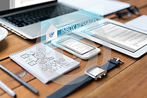 Close up of on laptop, tablet pc and smartphone