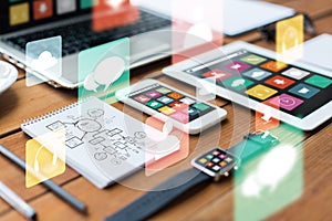 Close up of on laptop, tablet pc and smartphone