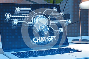 Close up of laptop at workplace with creative chat GPT hologram with robot head and various icons on blue background. Chatgpt and