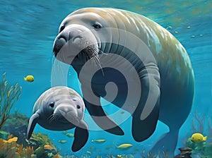 close-up of a large adult manatee and her calf