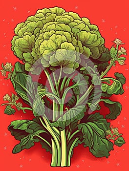 Close-up of large broccoli head, with several green leaves and stems. It is placed on top of red background, creating