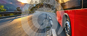 close up of large comfortable passenger bus riding on the highway at sunset with copy space