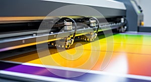 Close Up Of A Large Format Printer Head Printing A Colorful Gradient machine technology