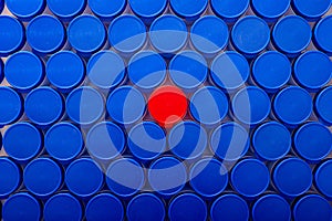 Large group of plastic bottles lined up on a table