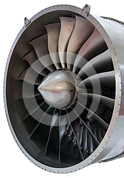 Close-up of a large jet engine turbine blades