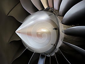 Close-up of a large jet engine turbine blades