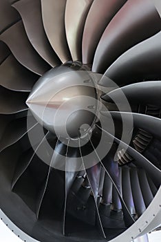 Close-up of a large jet engine turbine blades