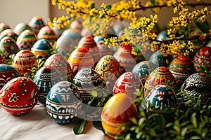 Close-up of a large number of Easter eggs standing close together.