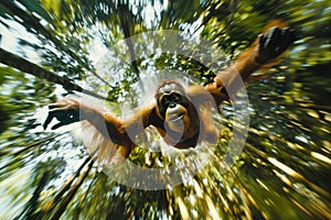 A close up of a large orange orangutan flying through the trees