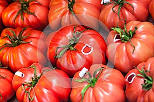 Close-up of large pink Monterosa tomatoes for sale
