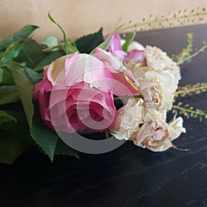 Close up on large pink rose and small white roses flower pedals lying on the ground