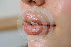 Close up of large plump glossy lips of woman with Hyaluronic acid beauty fillers photo