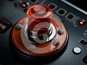 Close-up of a large red button as part of a control panel.