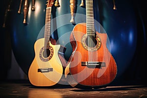 close up of a large and small guitar propped up next to each other