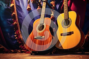 close up of a large and small guitar propped up next to each other