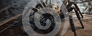 a close up of a large spider on a wooden surface with water in the backgrouds and a dark background with a blurry image of the