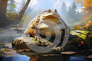 Close-up of a large toad sitting on a rock