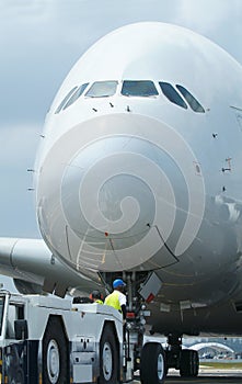 Close-up of large wide-body airplane