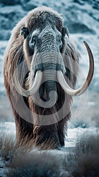 Close-up of a large woolly mammoth standing in the snowy mountains, Generative AI