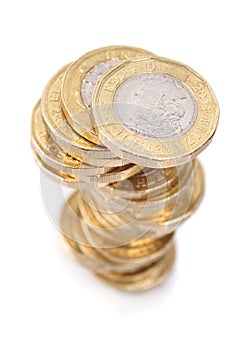 British Pound Coins Stack On White Background