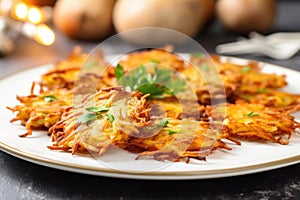 close-up of latkes on a serving dish