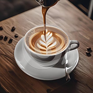 A close-up of a latte being poured, creating an intricate coffee art pattern1