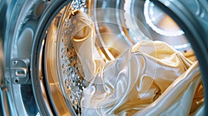 Close-up of a laundry machine in action with shiny garments