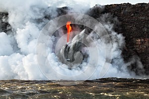 Close up of lava entry into ocean at Hawaii