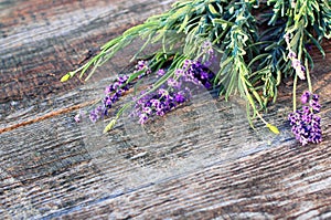 Close-up of lavender flower on wooden table