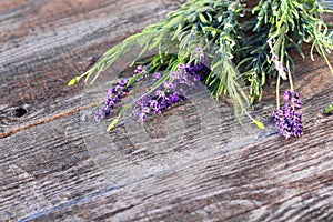 Close-up of lavender flower on wooden table