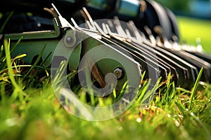 close-up of lawn mower blades grass