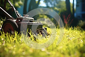 close-up of a lawn mower grass in sunlight