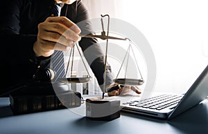 Close up lawyer businessman working or reading lawbook in office workplace for consultant lawyer concept