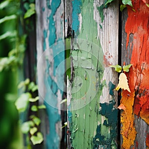close up of a layer of colored paint on fence boards