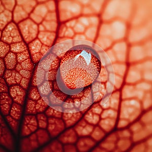 A close up of a leaf with a drop of water on it