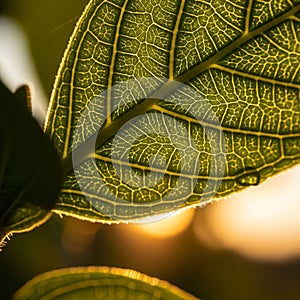 Patterns, backlit by sunlight. The leaf s translucent green surface