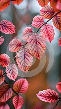 A close up of a leafy branch with red and pink leaves, AI