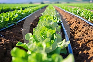 close-up of leaky pipe drip irrigation in a lettuce field