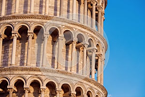 Close-up leaning tower of Pisa, most famous architectural monument in Italy